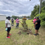Group gardening near a building.