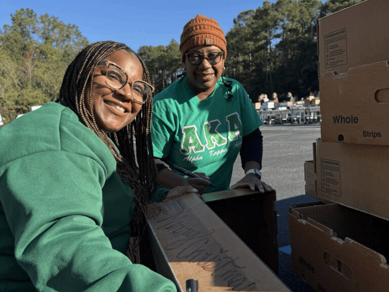 Community service with smiling women
